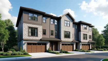 Fototapeta premium Three modern townhouses with stone, wood siding stand side-by-side under blue sky. Each unit features double garage, large windows, well-kept landscaping, offering comfortable urban living space.