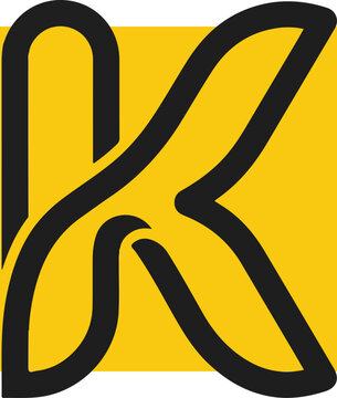 Abstract letter K logo design with black outlines on a yellow square background.