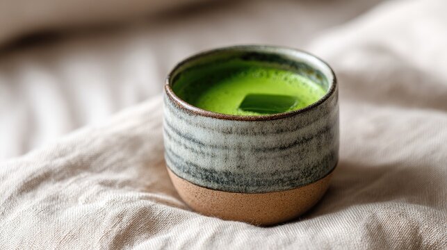 Ceramic cup with green tea resting on soft fabric surface, close-up on textured material and beverage