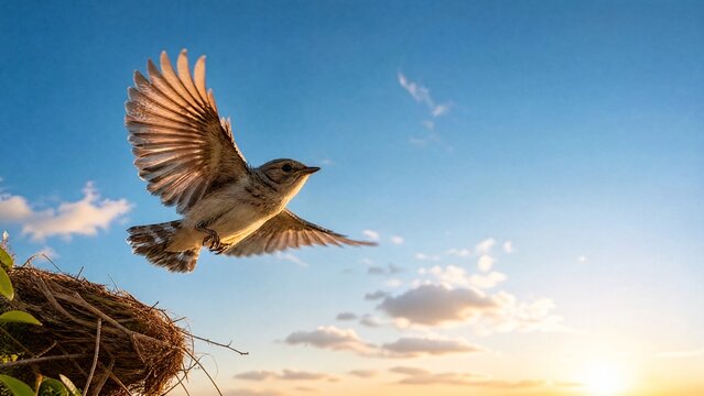 fledgling. A young bird with fledgling feathers taking its first flight into a clear blue sky. wildlife magazines, conservation campaigns, designed for nature documentaries and education.