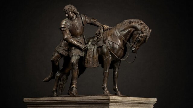dismounting. Bronze knight statue dismounting horse on stone pedestal, dramatic lighting. event programs, museum guides, designed for cultural heritage projects and event programs, used by chefs.