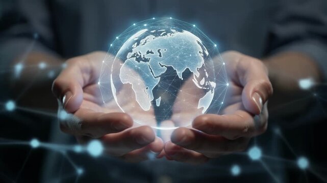 Hands holding glowing digital globe symbolizing global connectivity and technology innovation
