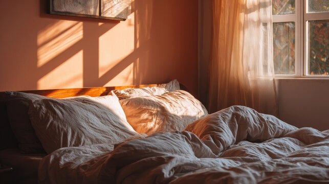 Cozy Sunlit Bedroom with Unmade Bed and Warm Curtain Light in a Peaceful Home Setting