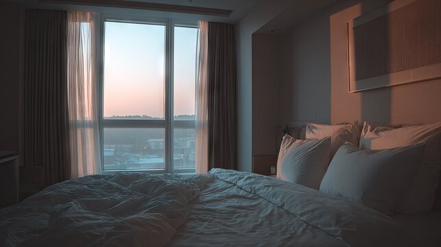Cozy modern bedroom with large window overlooking city skyline at dawn, soft lighting, inviting bed with plush pillows, peaceful urban retreat