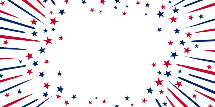 Stars and brush stroke lines in red and blue spread across a white isolated backdrop Lively scene for celebration Independence Day. Design is bright and inviting 4th july border frame USA concept