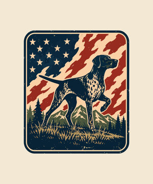 Vintage American German Shorthaired Pointer hunting dog illustration with mountain landscape background vintage retro usa  patriotic t-shirt design vintage retro usa  patriotic t-shirt design