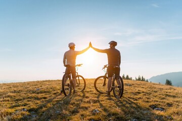 Fototapeta premium Cyclists celebrating successful mountain biking high five at sunset