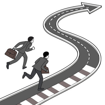Two businesspeople running on a winding road with dashed markings a vector illustration runners career professionals