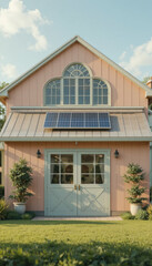 Fototapeta premium Charming pink house with modern design features large windows and solar panels on roof. Lush greenery surrounds entrance, creating welcoming atmosphere
