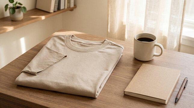 Folded beige t-shirt on wooden desk beside coffee mug notebook and pen in soft daylight