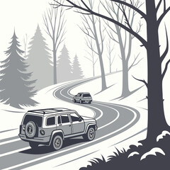 Two off road vehicles travel a winding road through a grayscale forest vector illustration automobile automotive © murad