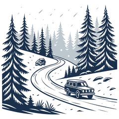 Winter landscape vector illustration featuring a winding road coniferous trees and a vehicle in snow alpine © murad