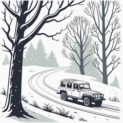 Snowy forest scene with a white vehicle on a winding road rendered as a vector illustration © murad
