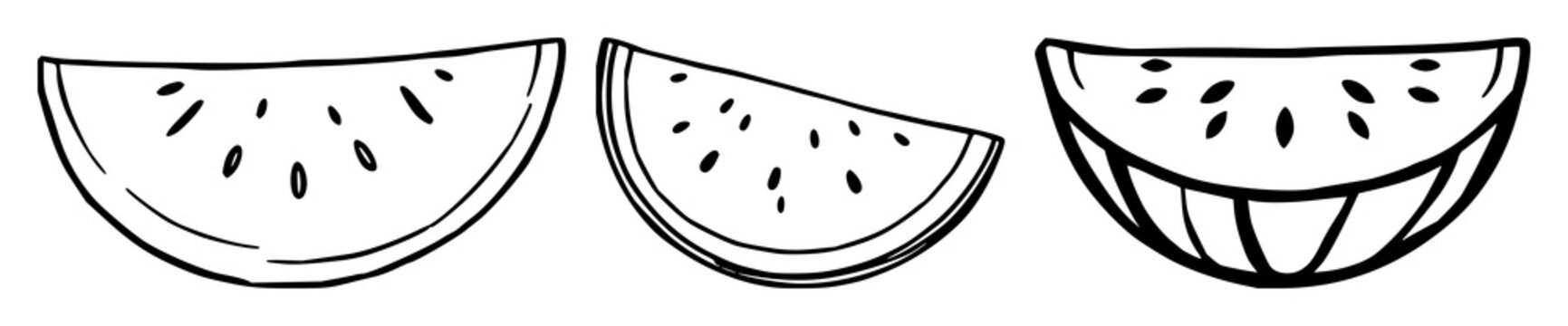 Watermelon slice set with black line art on white background featuring watermelon, fruit, slice illustration with minimalism and detail