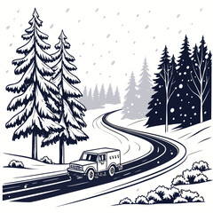 Winter landscape vector artwork depicting a winding road coniferous trees and a vehicle on a white background © murad