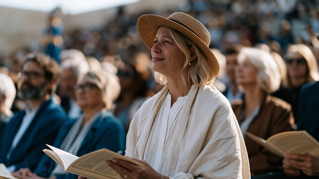 Multigenerational family watching a graduation ceremony from stadium seats, programs fanned in hands, a graduate visible on a distant stage, zoom lenses on phones raised, tears and pride layered acr