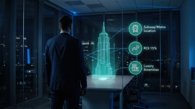Futuristic Real Estate Investment Concept: Professional Reviewing Holographic Skyscraper with Location and ROI Dashboard