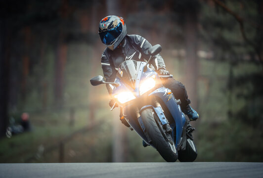 Regular training in Riga, Latvia, Bikernieki on 12-05-2026  Motorcyclist leaning into a sharp turn on a race track