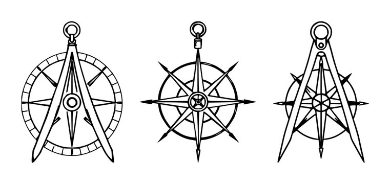 Compass vector illustration set with black line art palette and white background featuring precision geometry, directional symbols, and paper‑m&acirc;ch&eacute; detail with minimalist design and navigation motif