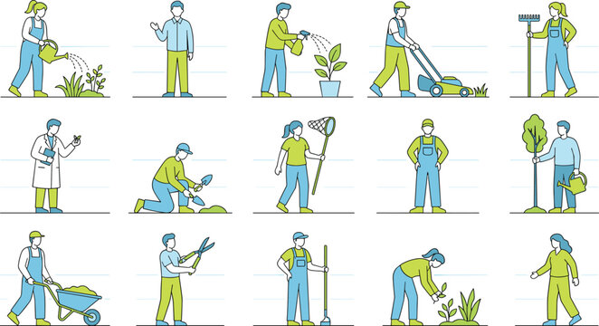 Outline Style Gardening and Landscaping Worker Character Set Featuring Watering, Mowing, Planting, Pruning, and Digging Poses for Nature and Agriculture Illustrations