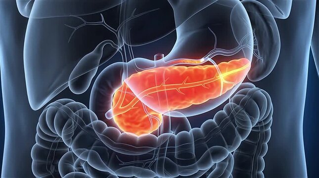 3D Medical Animation of Highlighted Pancreas with Glowing Orange Red Inflammation Surrounded by Liver Stomach Intestines and Digestive Organs Inside Transparent X-Ray Style Human Abdomen on Dark Blue