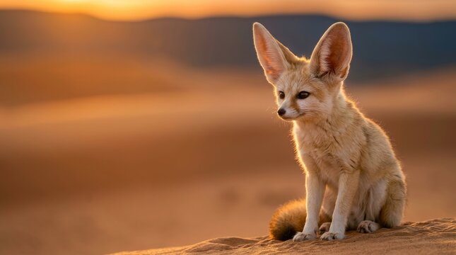Fennec Fox Sitting on Sand Dune at Sunset in Desert