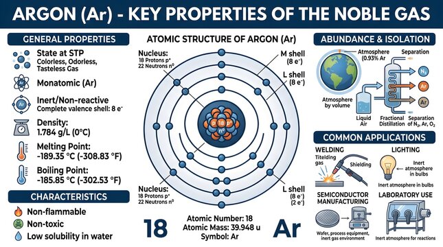 Argon (Ar): Key Properties of the Noble Gas with General Data, Detailed Atomic Structure Diagram, Atmospheric Abundance and Isolation by Air Separation, Plus Common Industrial Applications in Welding,