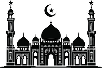 Mosque building detailed black silhouette vector illustration with minarets domes and crescent moon star isolated on white © Partho