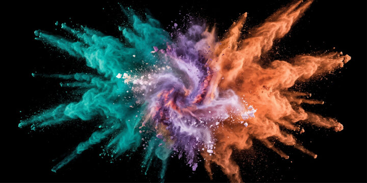 An explosion of vibrant colored powder, with hues of turquoise, orange, and purple, erupts in a dynamic, swirling vortex against a stark black background.