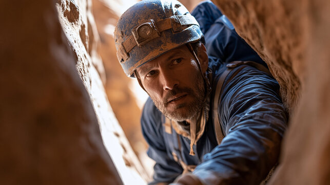 Canyoneer wedging through a constriction in a Zion-style narrows, daypack compressed against sandstone, headlamp on for dim passage, wet canyon exploration technical terrain navigation southwest geo