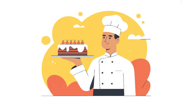 Smiling chef presenting a chocolate cake with white icing and cherries on a silver tray