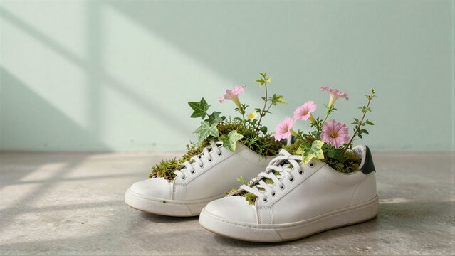 White sneakers filled with moss and pink flowers nature meets fashion.