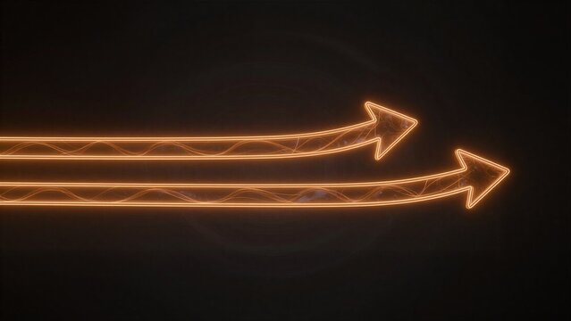 Two glowing orange arrows curve forward against a dark background.