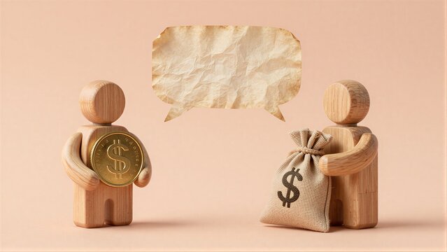 Two wooden figures negotiate money one with a coin the other with a