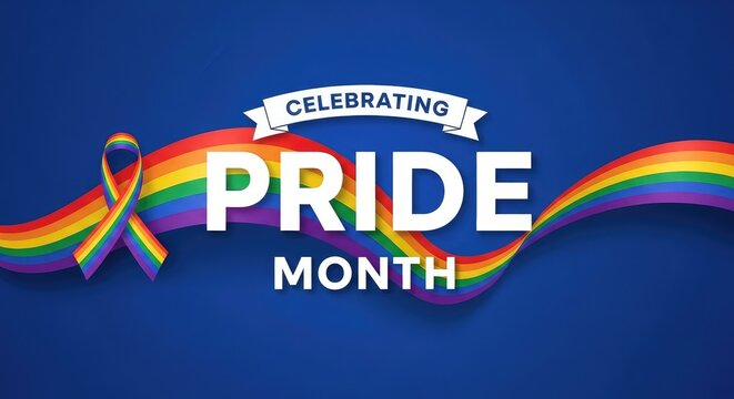 Celebrating Pride Month decorative design template with elegant flowing rainbow ribbons on deep blue canvas