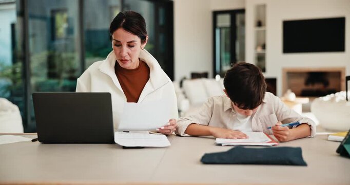 Mom, remote work and helping child with homework, multitasking or accountant with laptop for project. Bookkeeper, talk and mature woman with tech for assignment, online and advice for boy with book