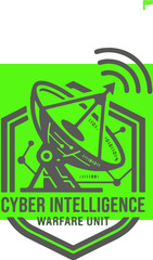 Obraz premium Cyber intelligence warfare unit emblem with satellite dish.