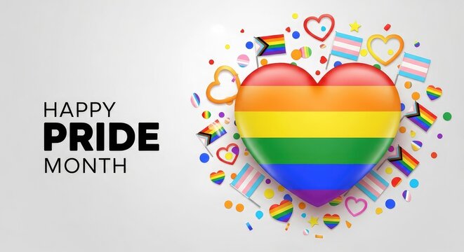 Pride Month creative design showcasing a mosaic style rainbow heart exploding with small star particles