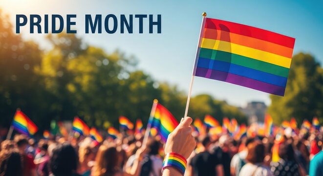 Pride Month outdoor festival background with a hand raising up large pride flag against trees