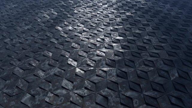 Seamless looping background of undulating dark rusty metal tiles. Abstract geometric texture with dynamic light reflections, ideal for modern motion graphics, packshot backdrops, and industrial design