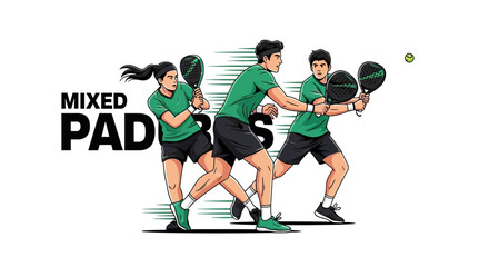 Fototapeta premium Dynamic Padel Players Action Vector Illustration in Green and Black on White Background