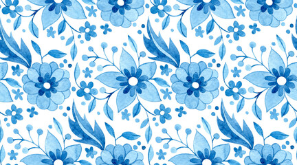 Watercolor seamless pattern of blue floral ornaments. tile © Tatiana