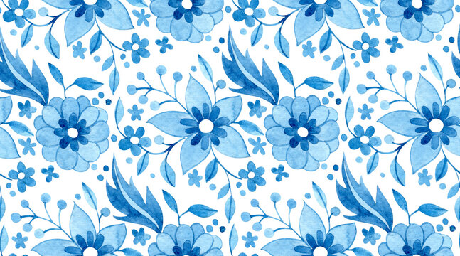 Watercolor seamless pattern of blue floral ornaments. tile