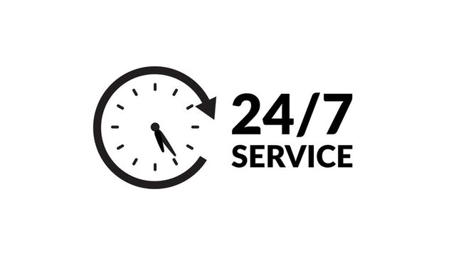 24 7 service clock animation on white background. 24 hours and 7 days service available. Continuous non stop service hours clock rotation motion graphic