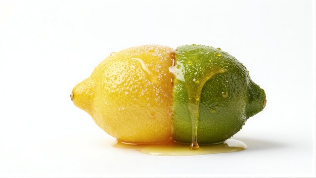 A lemon and lime split juice dripping down against a stark white