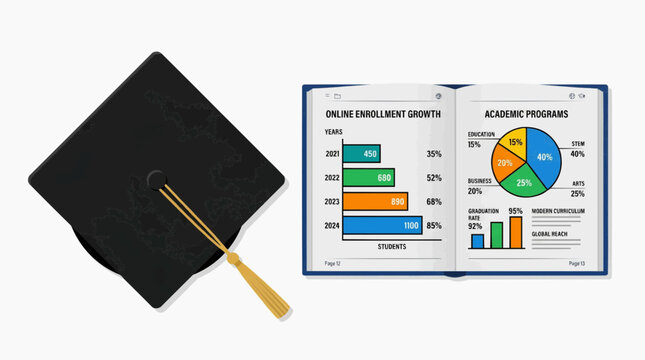 Graduation cap with world map overlay and open book showing educational statistics and charts