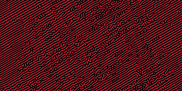 Optical illusion style psychedelic diagonal rounded maze pattern with intense red and black contrast layout, creative illustration