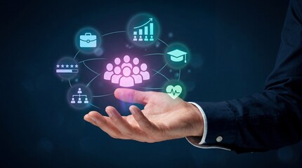Obraz premium Business growth concept with hand holding glowing icons representing teamwork education achievement and strategy
