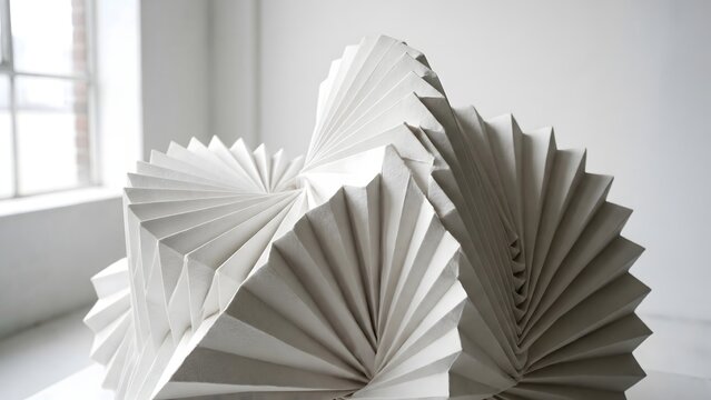 Intricate white pleated paper sculpture featuring sharp geometric folds and architectural patterns in a bright minimalist setting.