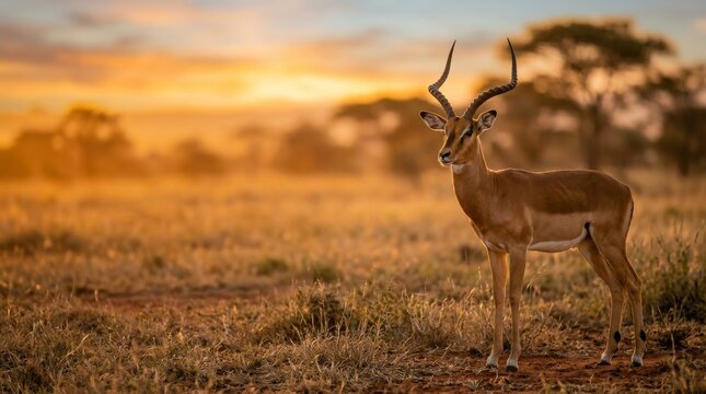 Impala Antelope Standing in African Savannah During Golden Hour Sunset